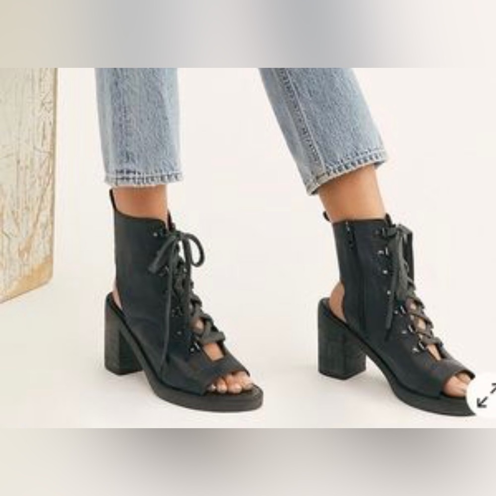 New Free People City of Lights Leather Lace Up Heel Boots Black